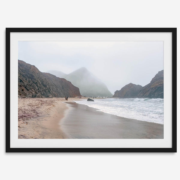 Framed Pfeiffer Beach wall art with foggy Big Sur cliffs and coastal shoreline
