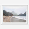 Framed Pfeiffer Beach wall art with foggy Big Sur cliffs and coastal shoreline
