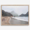 Framed Pfeiffer Beach wall art with foggy Big Sur cliffs and coastal shoreline
