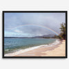 Modern coastal wall art featuring a Kauai beach with a vivid rainbow over turquoise ocean waters and golden sand