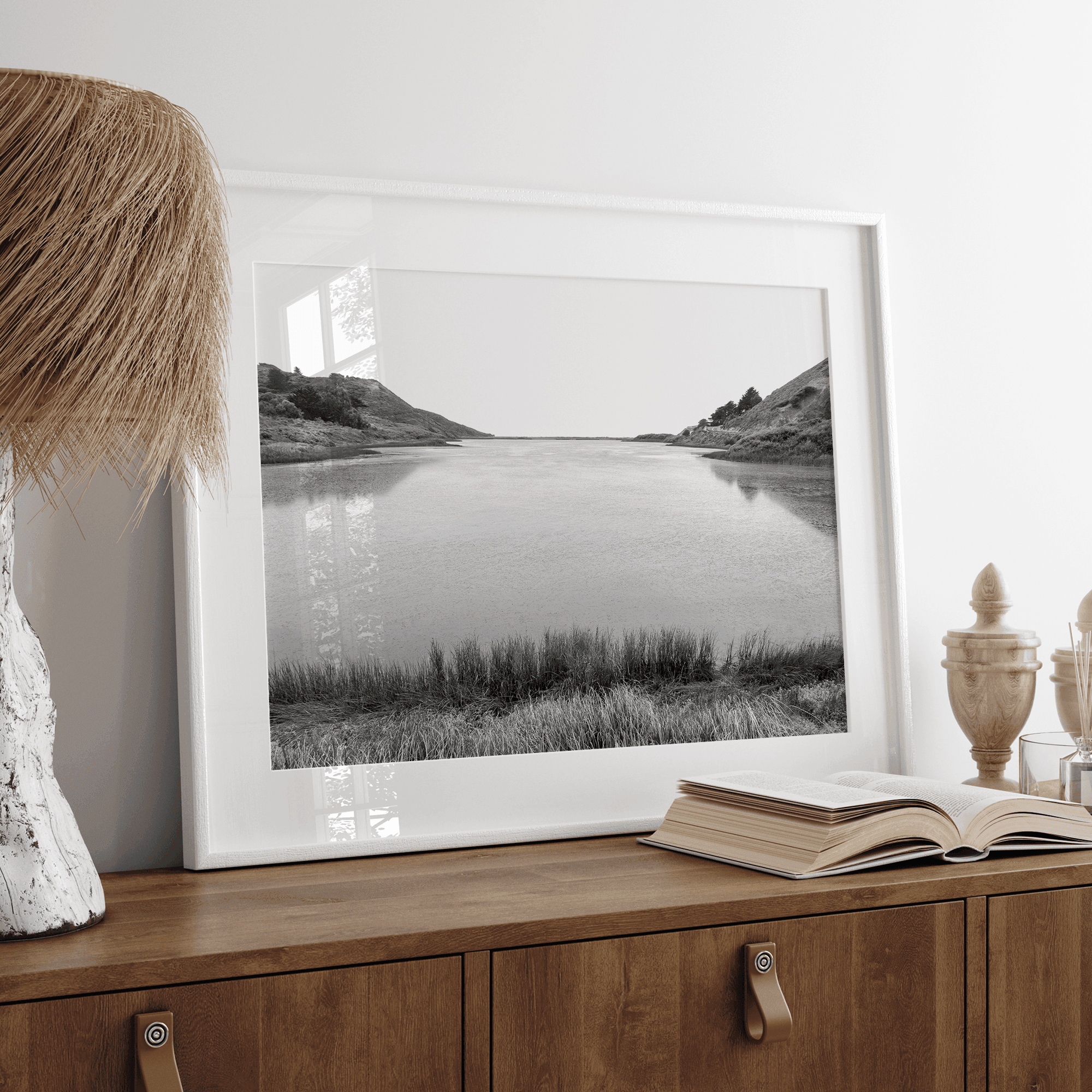 Black and white photo of Rodeo Beach Lagoon in the Marin Headlands near San Francisco – fine art landscape print