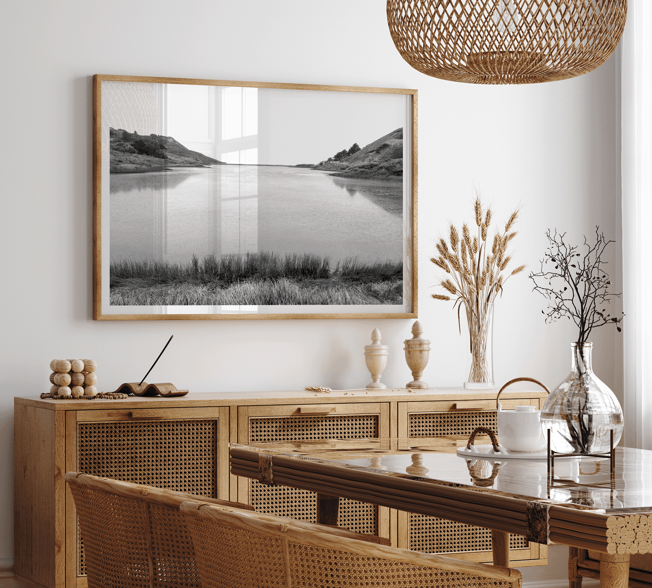 Black and white photo of Rodeo Beach Lagoon in the Marin Headlands near San Francisco – fine art landscape print
