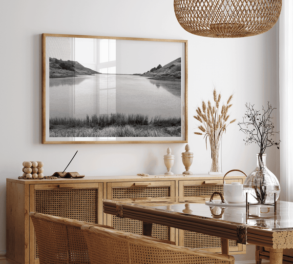 Black and white photo of Rodeo Beach Lagoon in the Marin Headlands near San Francisco – fine art landscape print