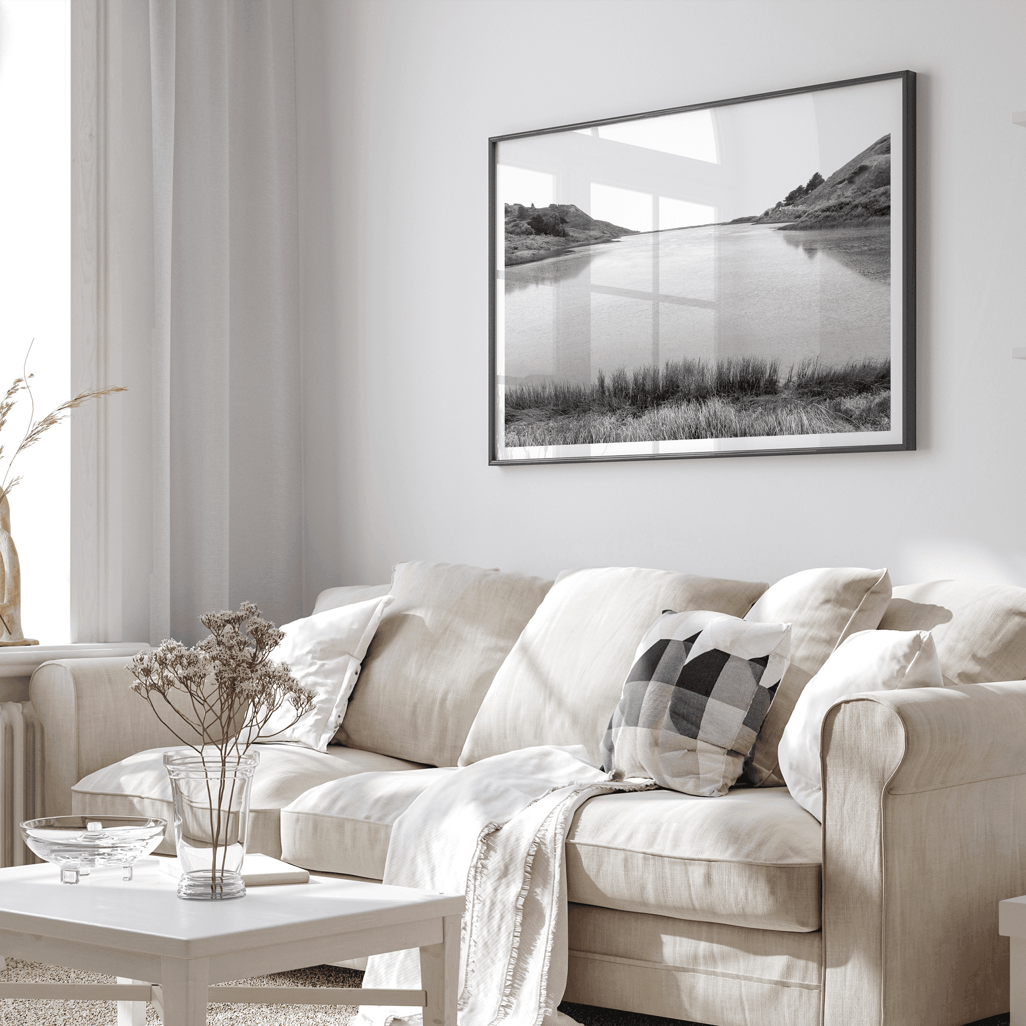 Black and white photo of Rodeo Beach Lagoon in the Marin Headlands near San Francisco – fine art landscape print