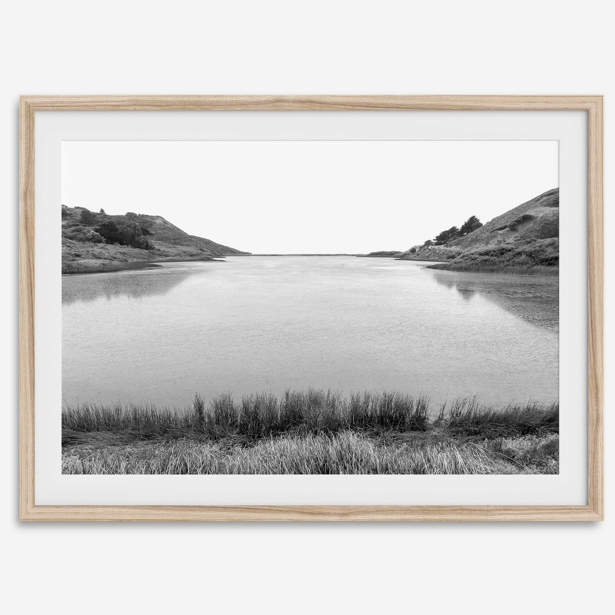 Black and white photo of Rodeo Beach Lagoon in the Marin Headlands near San Francisco – fine art landscape print