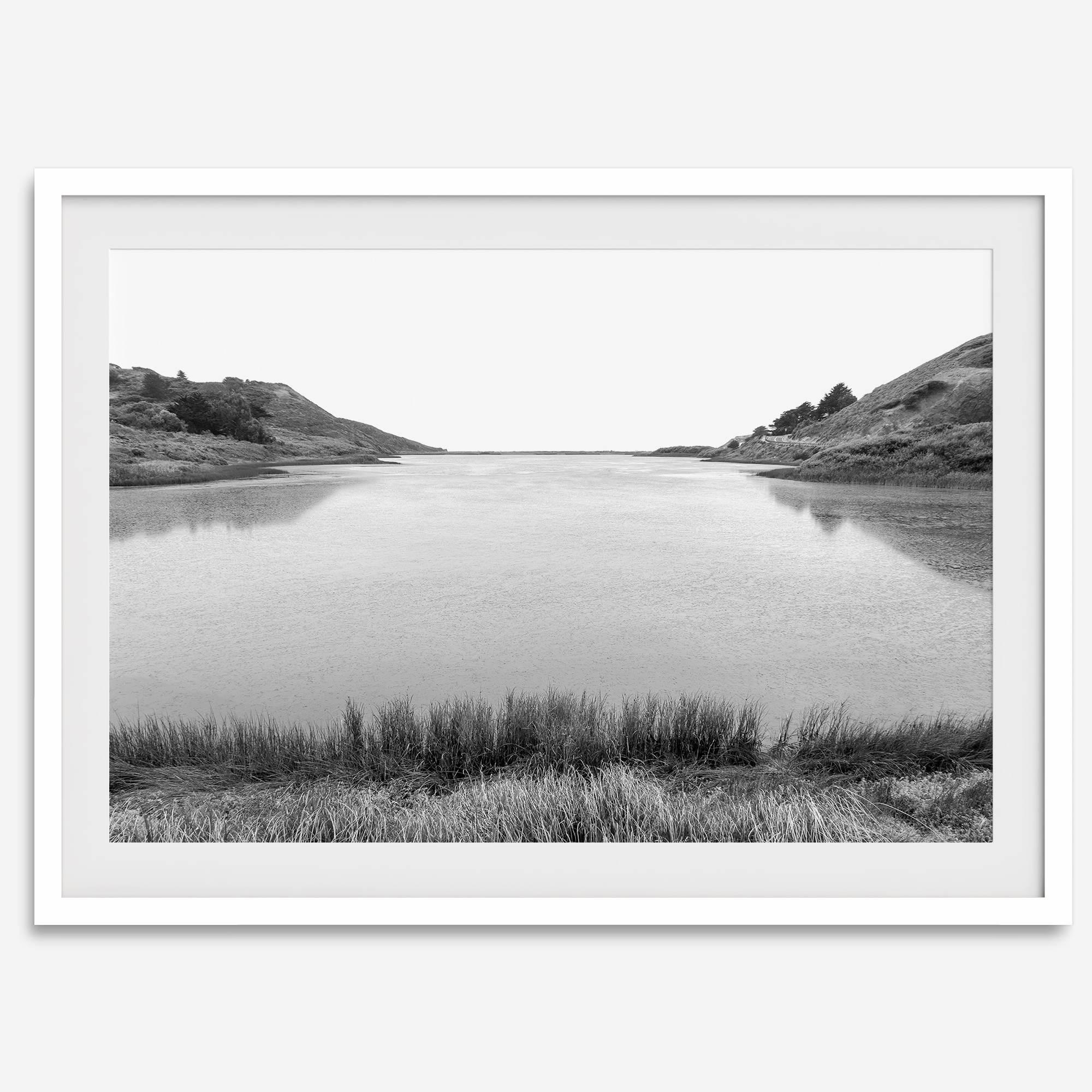 Black and white photo of Rodeo Beach Lagoon in the Marin Headlands near San Francisco – fine art landscape print