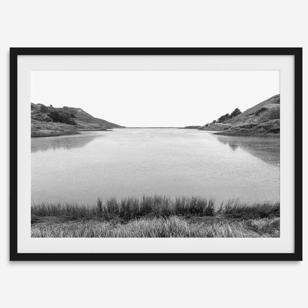 Black and white photo of Rodeo Beach Lagoon in the Marin Headlands near San Francisco – fine art landscape print