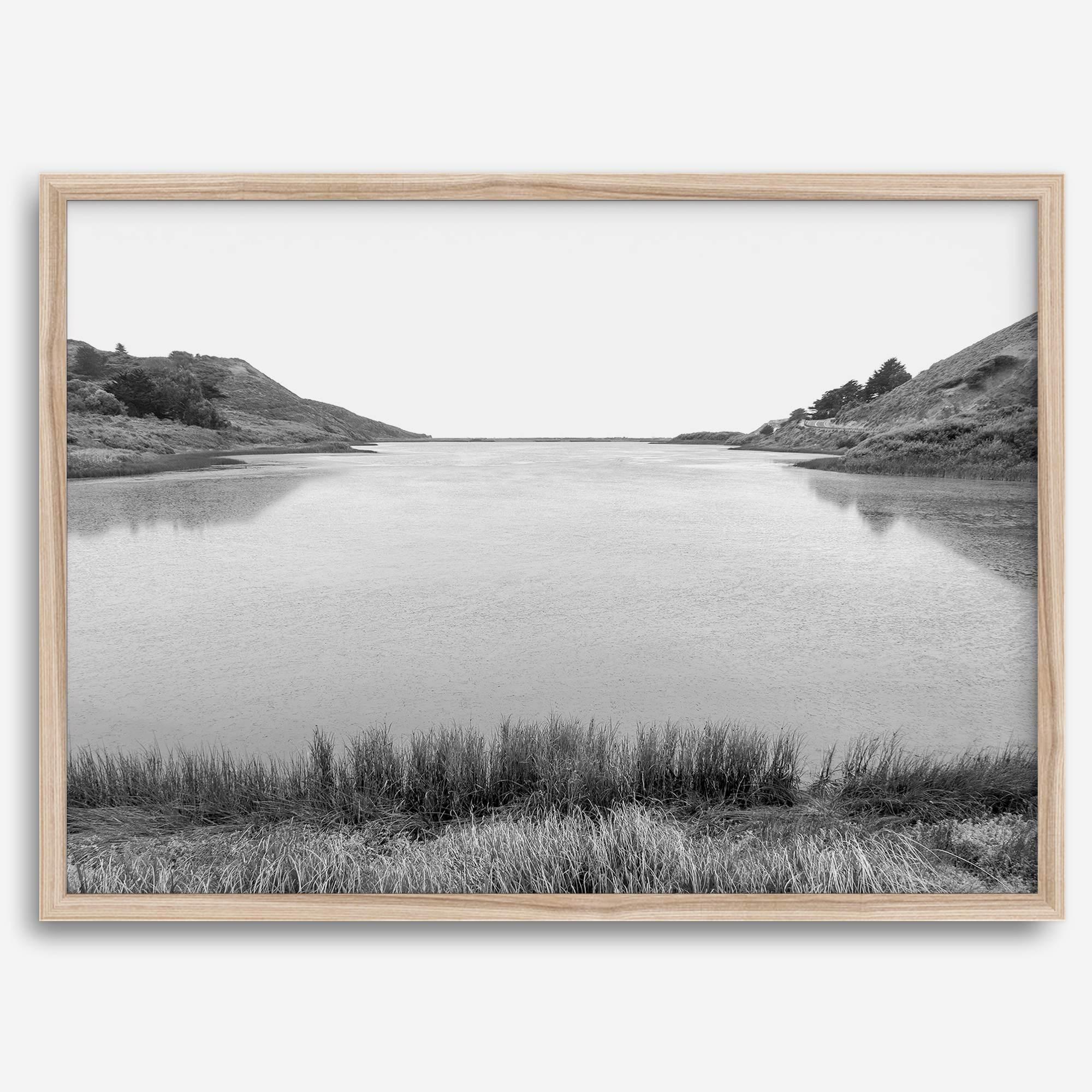 Black and white photo of Rodeo Beach Lagoon in the Marin Headlands near San Francisco – fine art landscape print