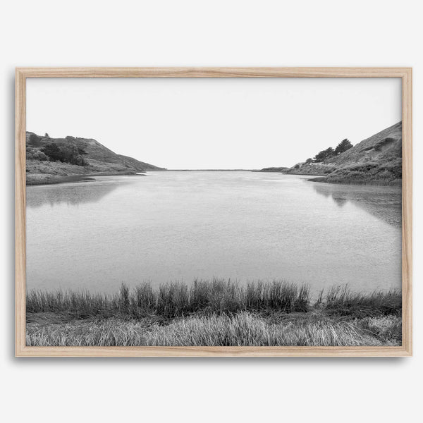 Black and white photo of Rodeo Beach Lagoon in the Marin Headlands near San Francisco – fine art landscape print