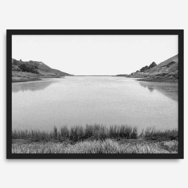Black and white photo of Rodeo Beach Lagoon in the Marin Headlands near San Francisco – fine art landscape print
