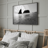 Black and white Washington beach wall art featuring Ruby Beach with misty waves and sea stacks.