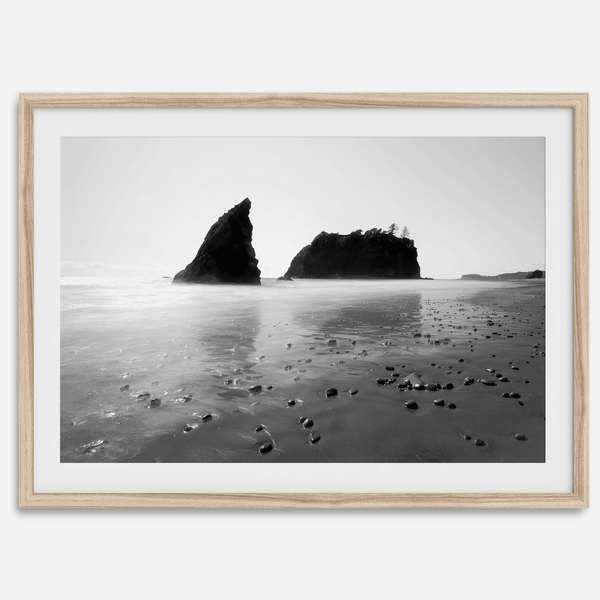 Black and white Washington beach wall art featuring Ruby Beach with misty waves and sea stacks.