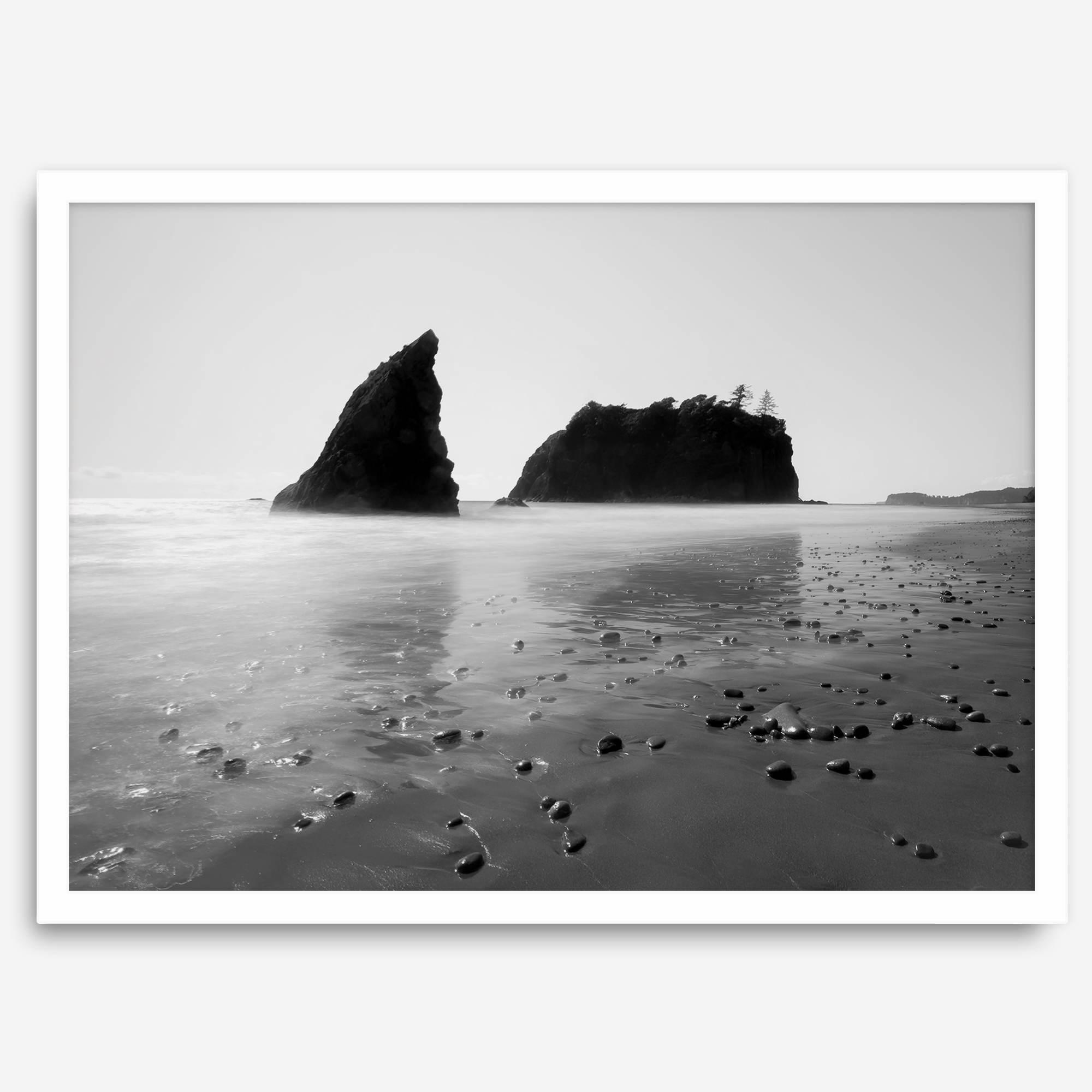 Black and white Washington beach wall art featuring Ruby Beach with misty waves and sea stacks.