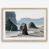 Ruby Beach coastal landscape with towering sea stacks, Pacific Ocean, driftwood and forested cliffs in Olympic National Park, Washington.