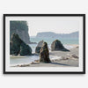 Ruby Beach coastal landscape with towering sea stacks, Pacific Ocean, driftwood and forested cliffs in Olympic National Park, Washington.
