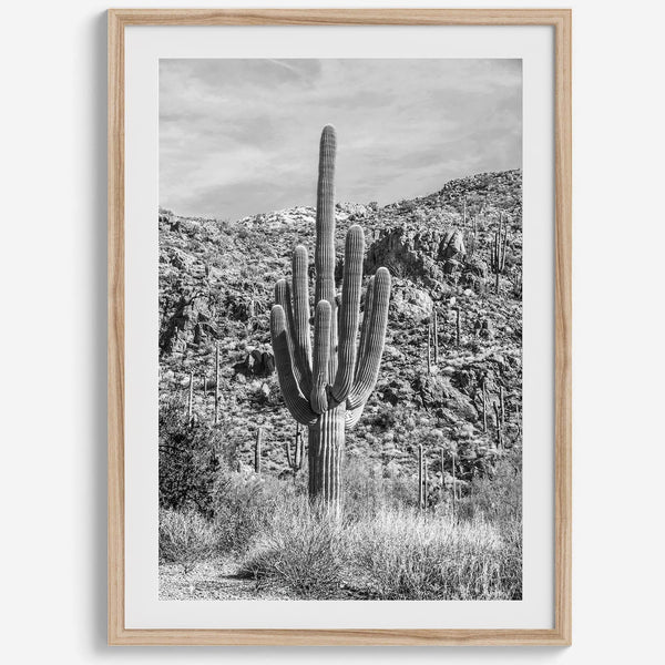 Fine Art Saguaro Cactus Desert Print - Large Retro Black and White Desert Photography Wall Art, Framed Saguaro National Park Home Wall Decor