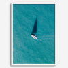 Aerial sailboat photography over turquoise San Francisco Bay near Berkeley, California, with a long sail-shaped shadow across the water.