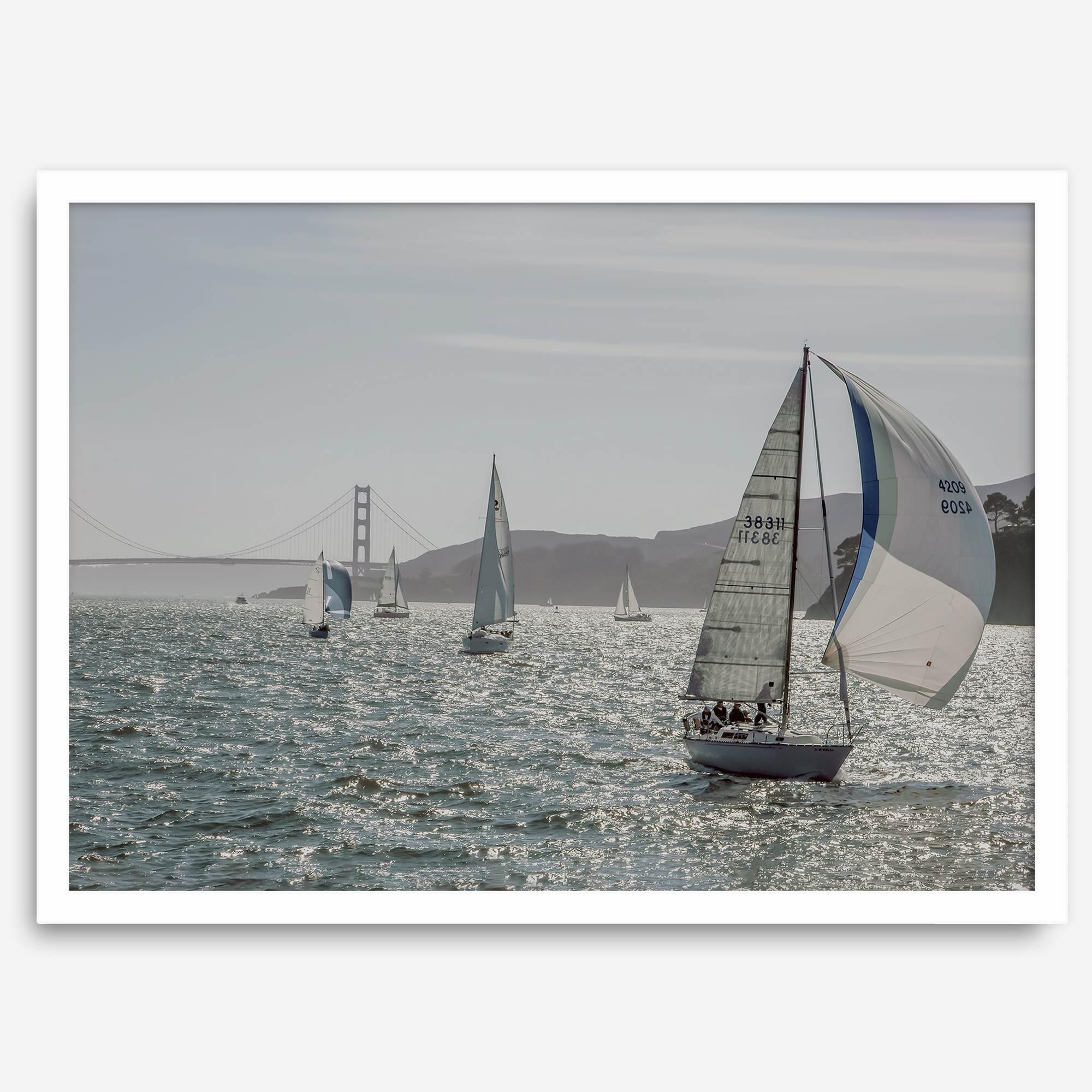 A stunning San Francisco print featuring a panoramic view of the Bay from Angel Island and showcasing sailboats across the water and the Golden Gate Bridge at the backdrop.