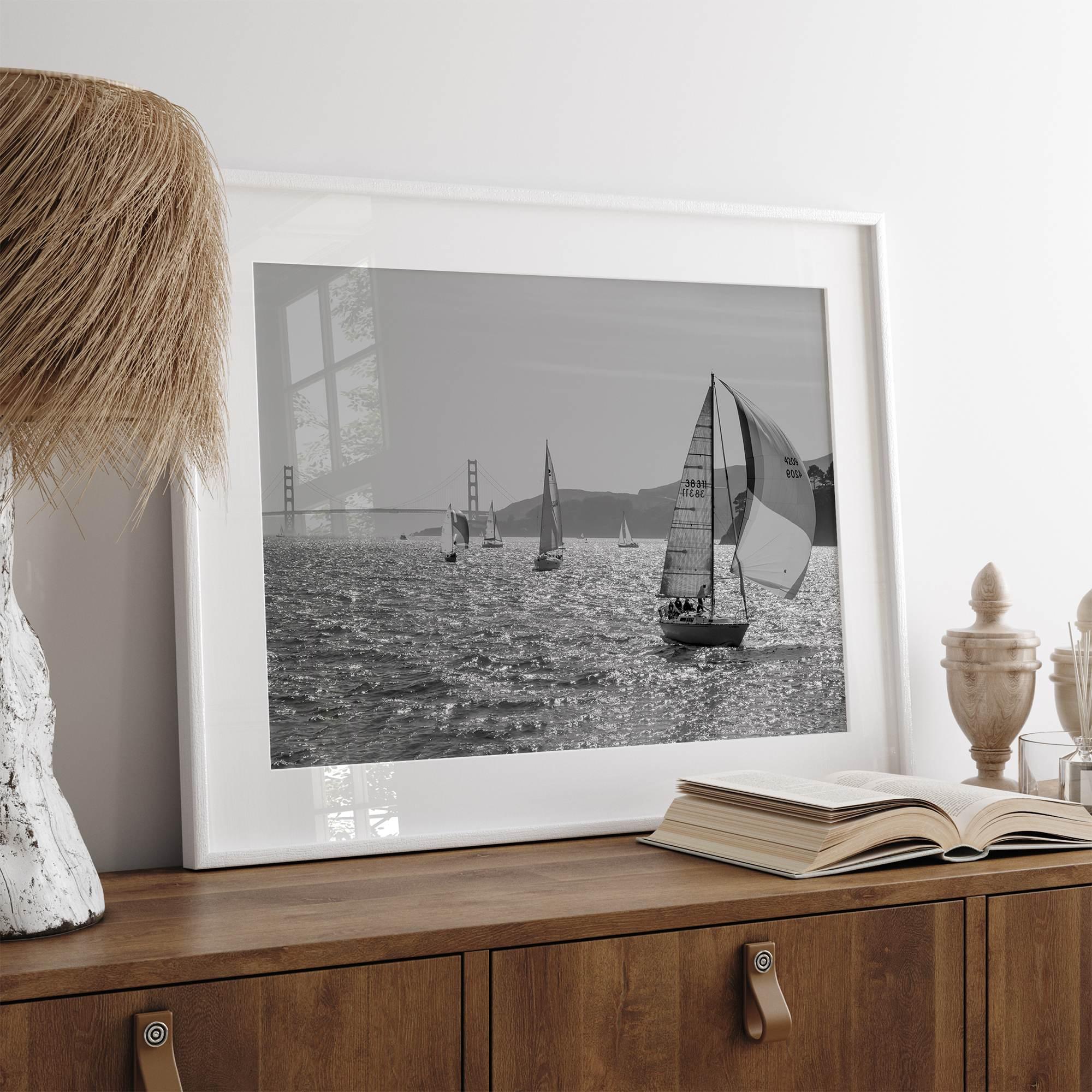 Black and white sailing photography print of San Francisco Bay with Golden Gate Bridge