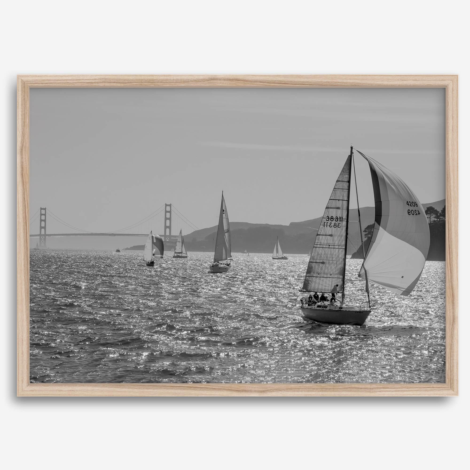 Black and white sailing photography print of San Francisco Bay with Golden Gate Bridge