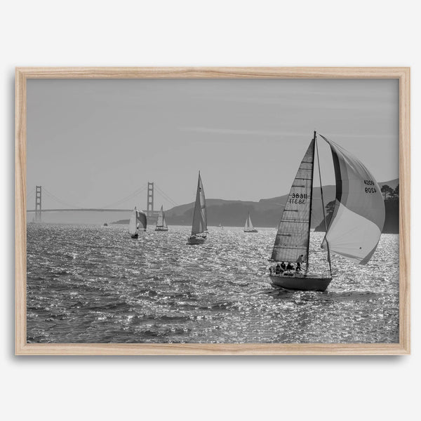 Black and white sailing photography print of San Francisco Bay with Golden Gate Bridge