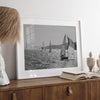 Black and white sailing photography print of San Francisco Bay with Golden Gate Bridge