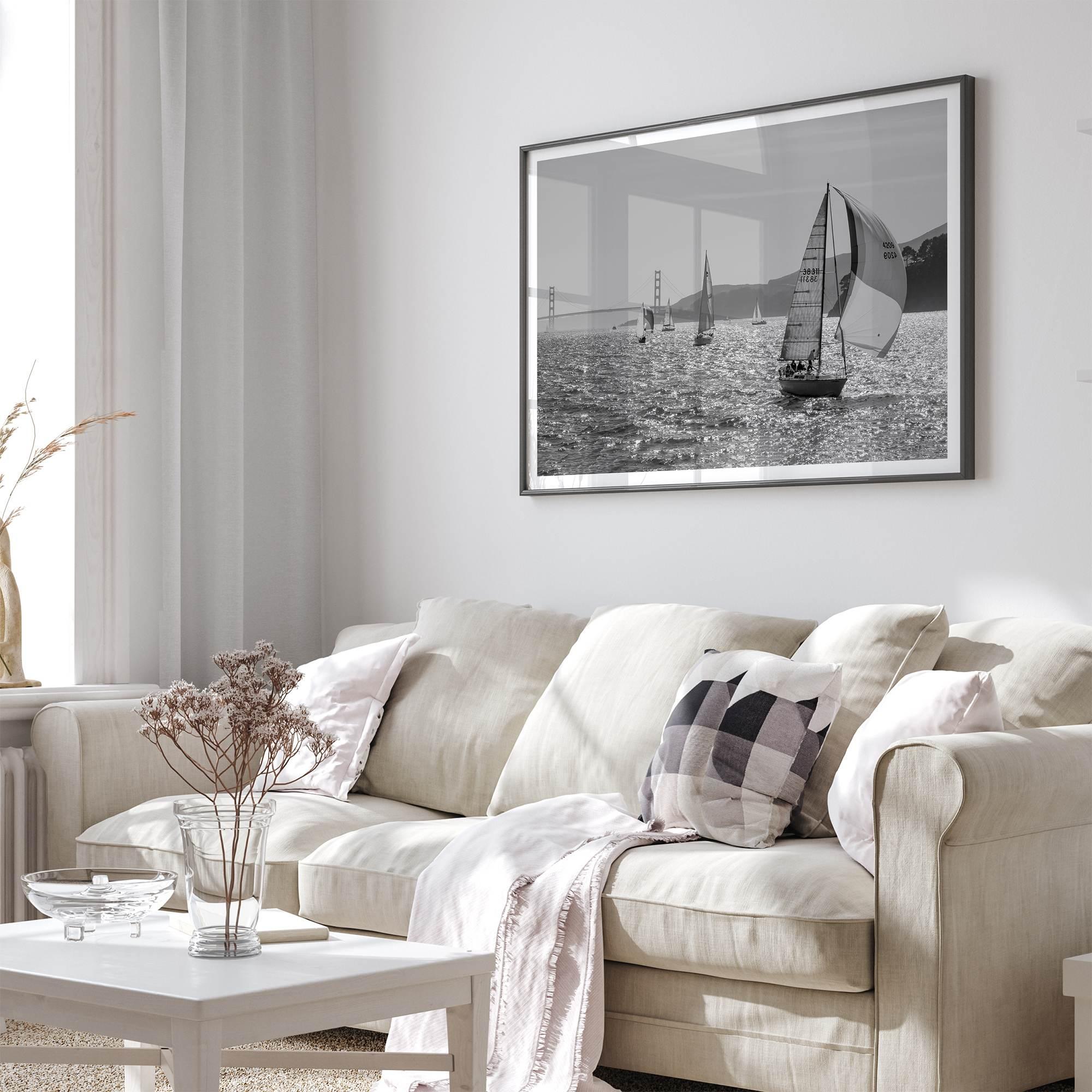 Black and white sailing photography print of San Francisco Bay with Golden Gate Bridge