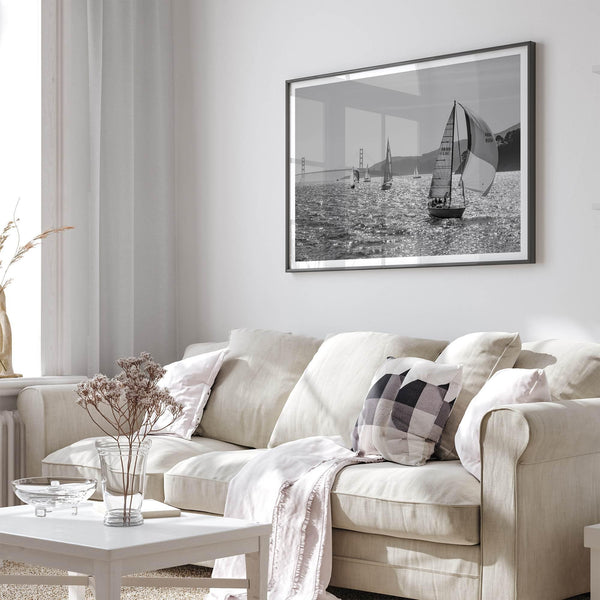Black and white sailing photography print of San Francisco Bay with Golden Gate Bridge
