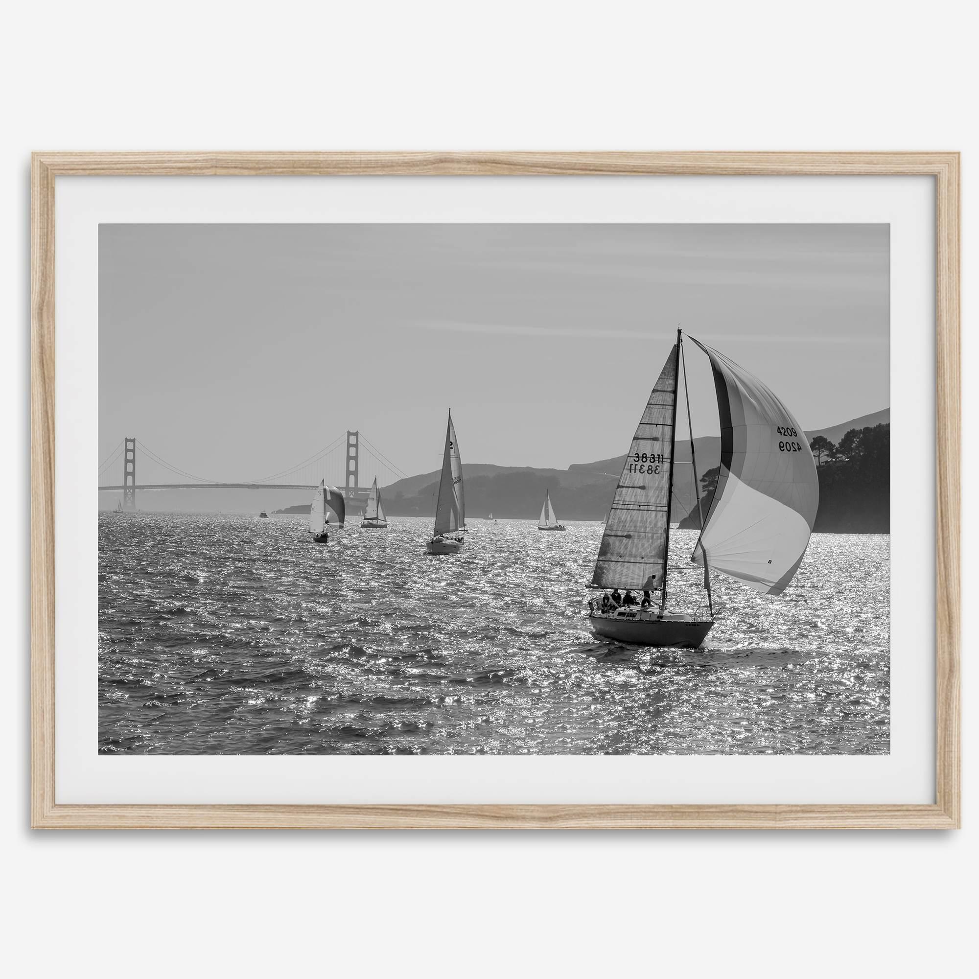 Black and white sailing photography print of San Francisco Bay with Golden Gate Bridge