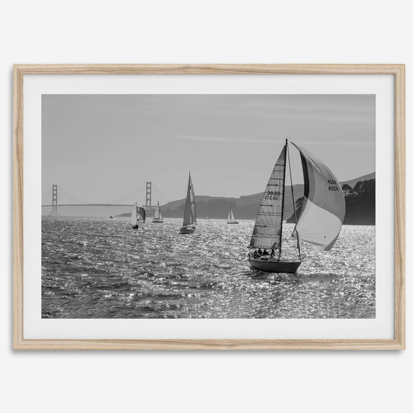 Black and white sailing photography print of San Francisco Bay with Golden Gate Bridge