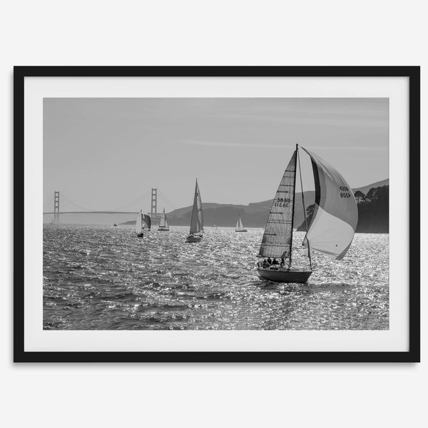 Black and white sailing photography print of San Francisco Bay with Golden Gate Bridge