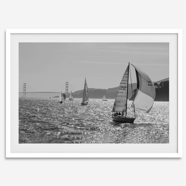 Black and white sailing photography print of San Francisco Bay with Golden Gate Bridge