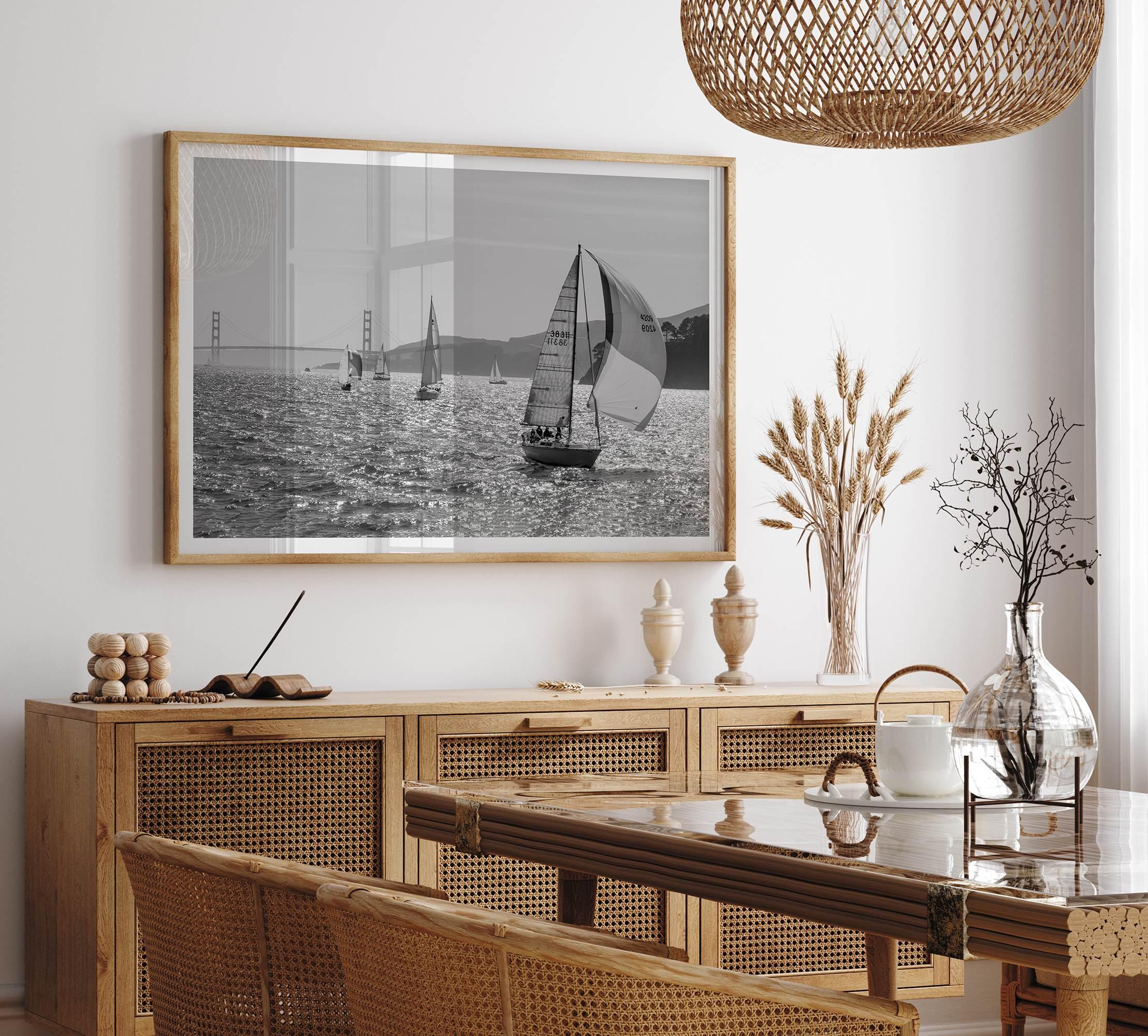Black and white sailing photography print of San Francisco Bay with Golden Gate Bridge