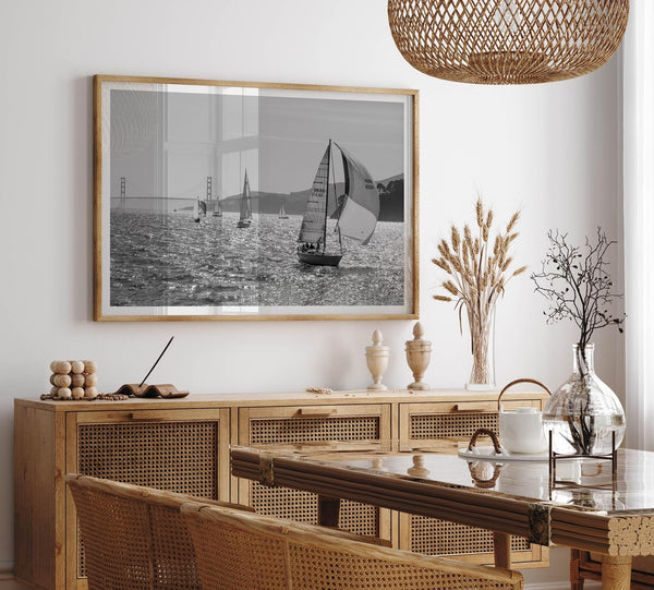 Black and white sailing photography print of San Francisco Bay with Golden Gate Bridge
