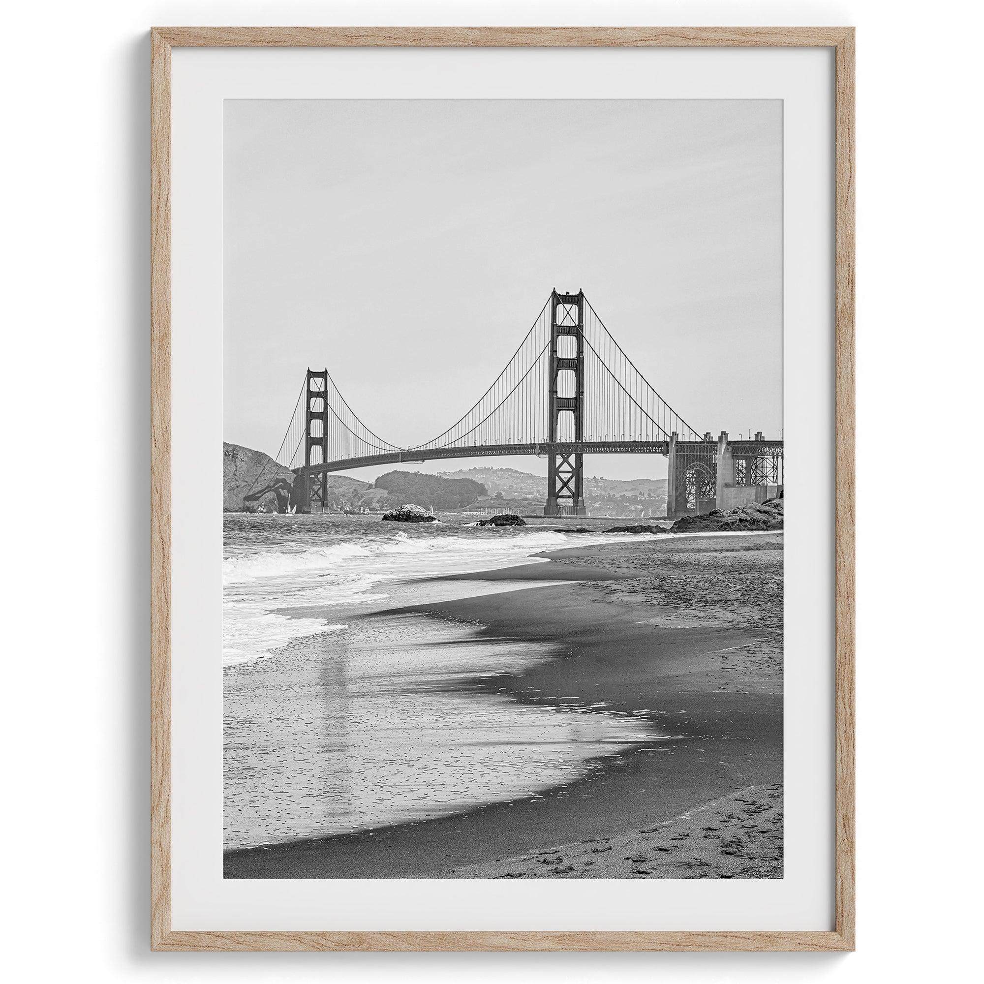 A San Francisco oversized set of 3 framed or unframed wall art. The prints feature a San Francisco cable car overlooking the Bay Bridge, the Golden Gate Bridge from Baker Beach, and the famous Painted Ladies with the San Francisco skyline.
