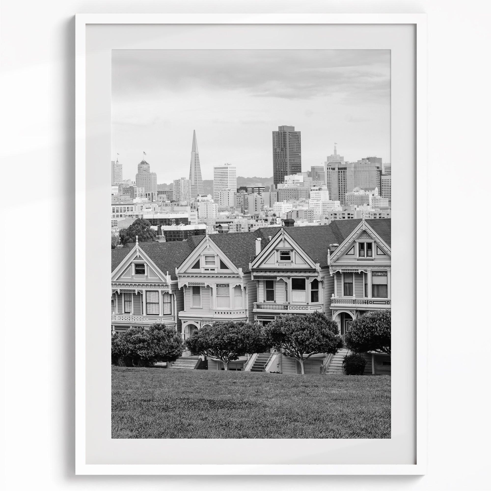 A San Francisco oversized set of 3 framed or unframed wall art. The prints feature a San Francisco cable car overlooking the Bay Bridge, the Golden Gate Bridge from Baker Beach, and the famous Painted Ladies with the San Francisco skyline.