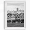 A San Francisco oversized set of 3 framed or unframed wall art. The prints feature a San Francisco cable car overlooking the Bay Bridge, the Golden Gate Bridge from Baker Beach, and the famous Painted Ladies with the San Francisco skyline.