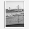 A fine art black and white print of the Golden Gate Bridge in San Francisco. This photo was taken from Baker Beach, showing the beautiful reflection of the bridge in the ocean. It is an excellent addition to your wall decor or a San Francisco gift.