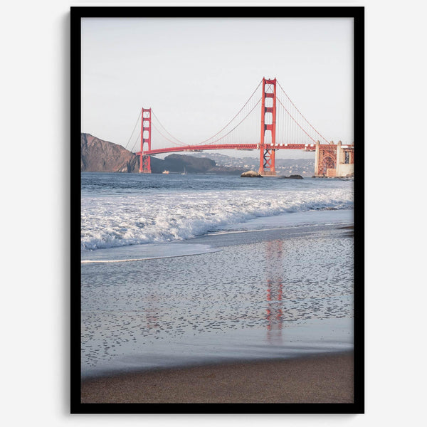 San Francisco Golden Gate Bridge Fine Art Photography Print With Beach Reflection, Framed or Unframed Beach Wall Art Poster for Home Decor