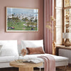 A fine art unframed or framed San Francisco print of Mission Dolores Park showcasing picnic blankets and people enjoying a quiet afternoon with the city skyline in the backdrop.