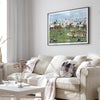 A fine art unframed or framed San Francisco print of Mission Dolores Park showcasing picnic blankets and people enjoying a quiet afternoon with the city skyline in the backdrop.
