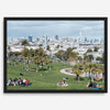 A fine art unframed or framed San Francisco print of Mission Dolores Park showcasing picnic blankets and people enjoying a quiet afternoon with the city skyline in the backdrop.