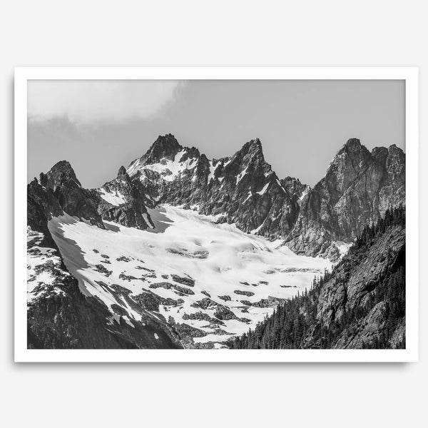 A minimalist black and white unframed or framed photo print of a snowy mountain range in North Cascades National Park, Washington State.