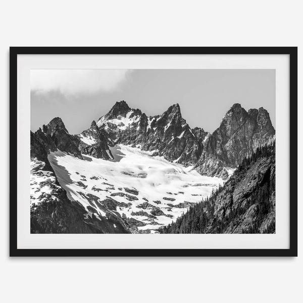 A minimalist black and white unframed or framed photo print of a snowy mountain range in North Cascades National Park, Washington State.