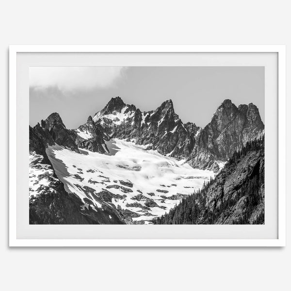A minimalist black and white unframed or framed photo print of a snowy mountain range in North Cascades National Park, Washington State.