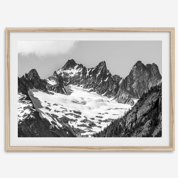 A minimalist black and white unframed or framed photo print of a snowy mountain range in North Cascades National Park, Washington State.