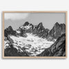 A minimalist black and white unframed or framed photo print of a snowy mountain range in North Cascades National Park, Washington State.