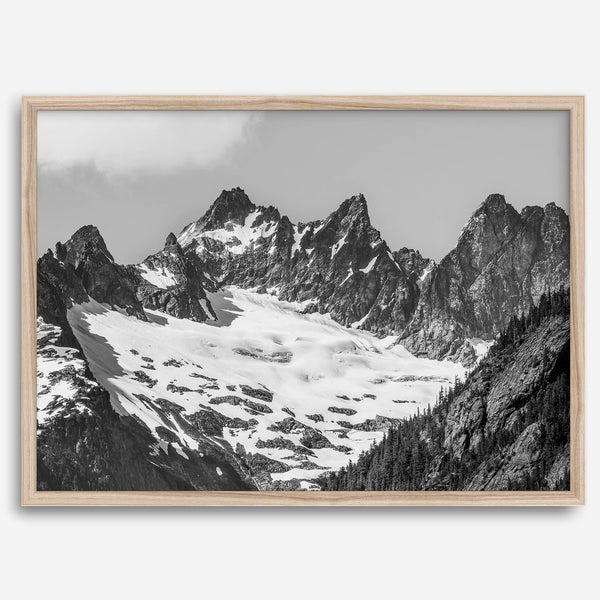 A minimalist black and white unframed or framed photo print of a snowy mountain range in North Cascades National Park, Washington State.