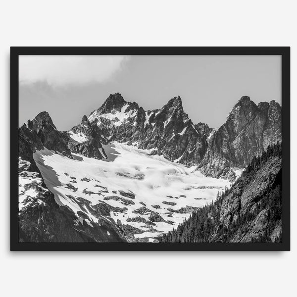A minimalist black and white unframed or framed photo print of a snowy mountain range in North Cascades National Park, Washington State.