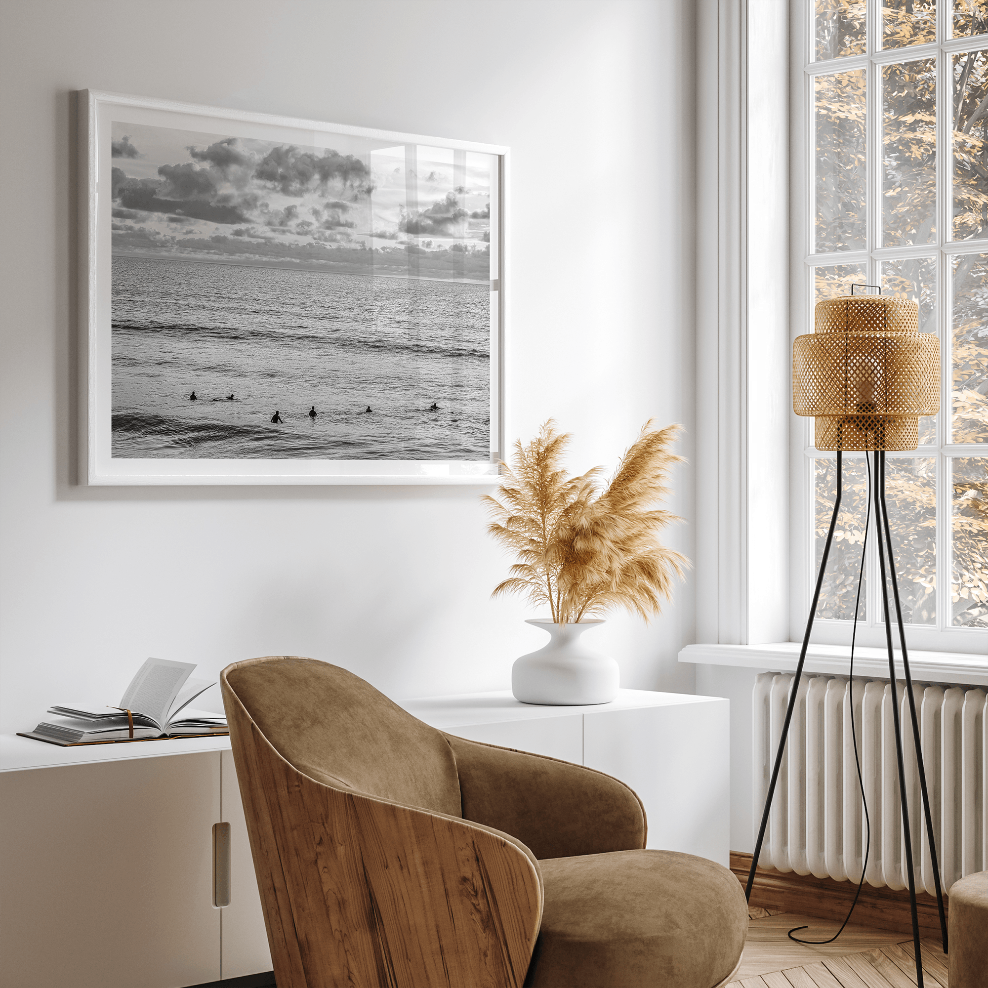 Black and white photo of surfers waiting in the water at sunset in Pismo Beach, California – fine art surf print.